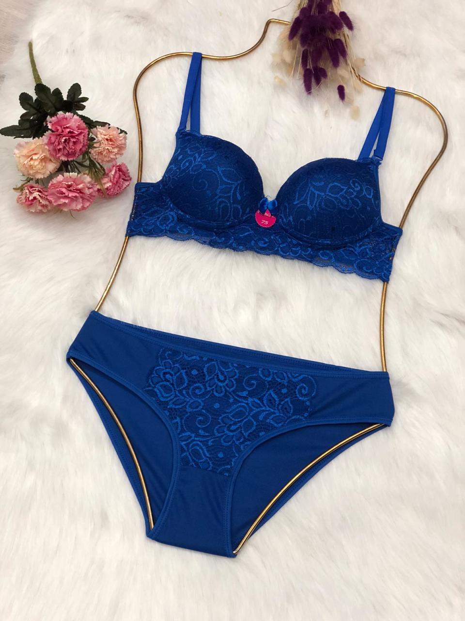 Sade Mavi Sütyen Külot Takım 75