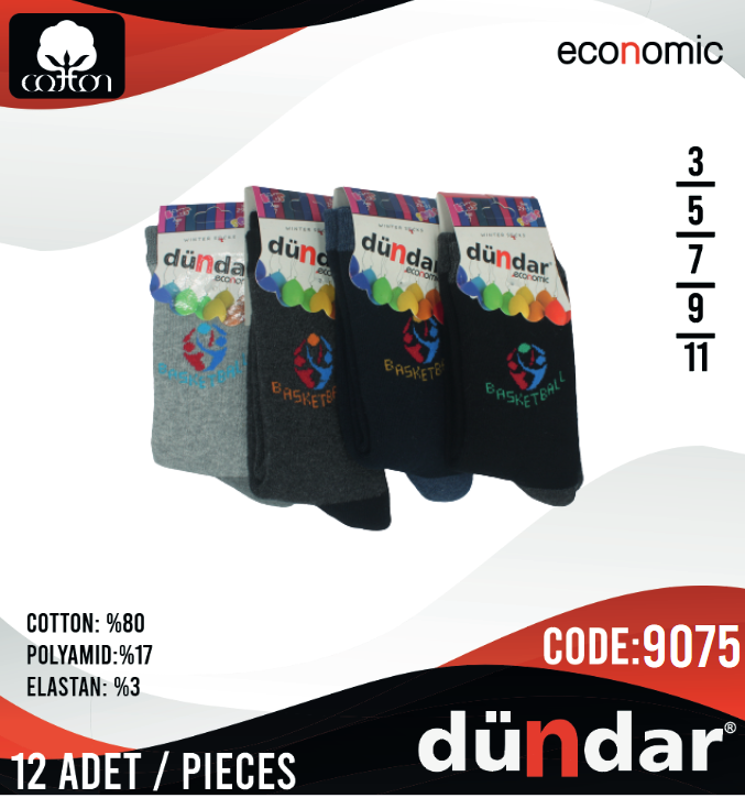 Dündar Çocuk Havlu Desenli Çorap 12 Adet Açık Gri - 11 Yaş